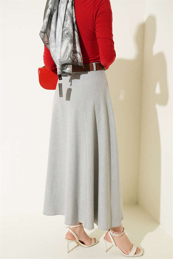 Wide Belted Waist Zipper Skirt Grey