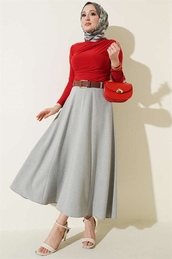 Wide Belted Waist Zipper Skirt Grey