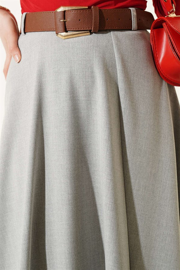 Wide Belted Waist Zipper Skirt Grey