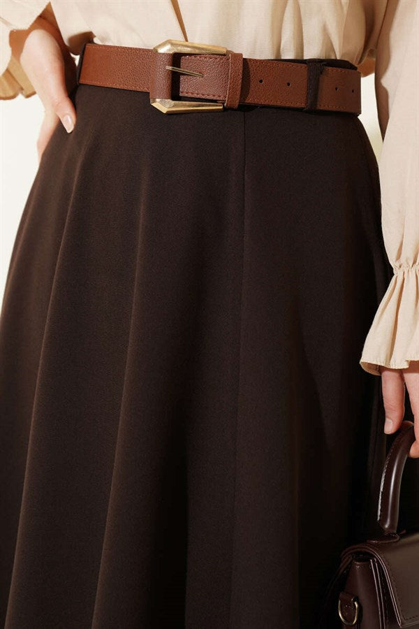 Wide Belted Waist Zipper Skirt, Brown