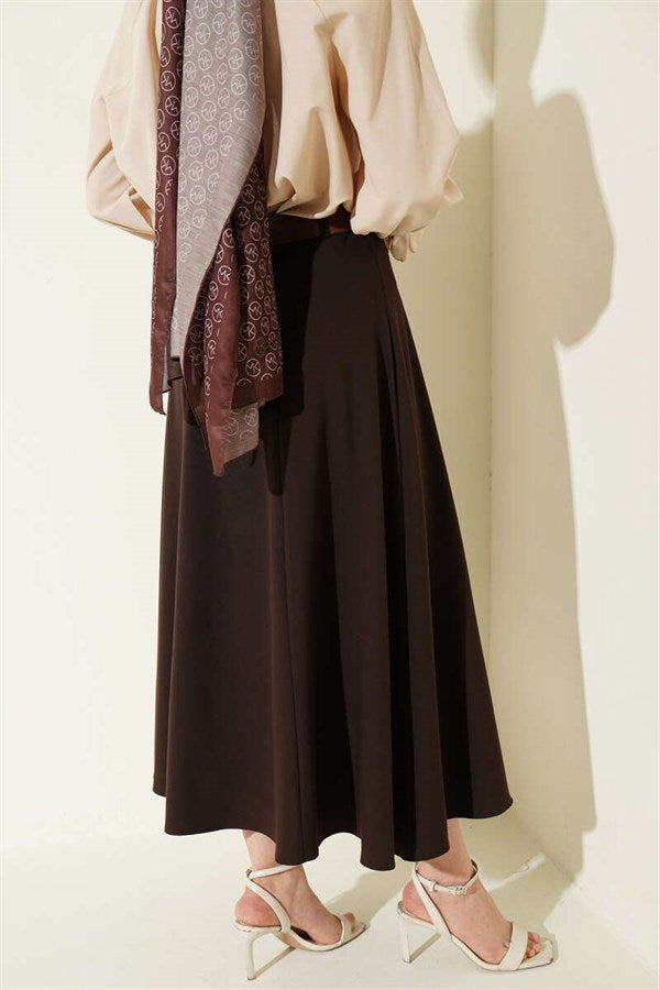 Wide Belted Waist Zipper Skirt, Brown