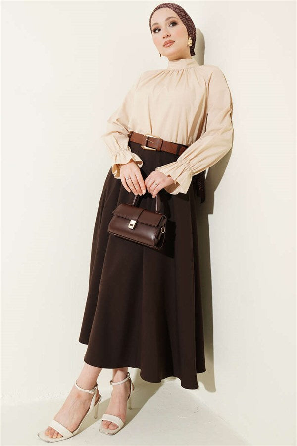 Wide Belted Waist Zipper Skirt, Brown