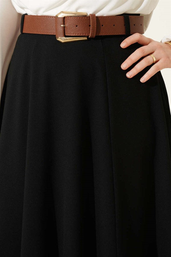 Wide Belted Waist Zipper Skirt Black