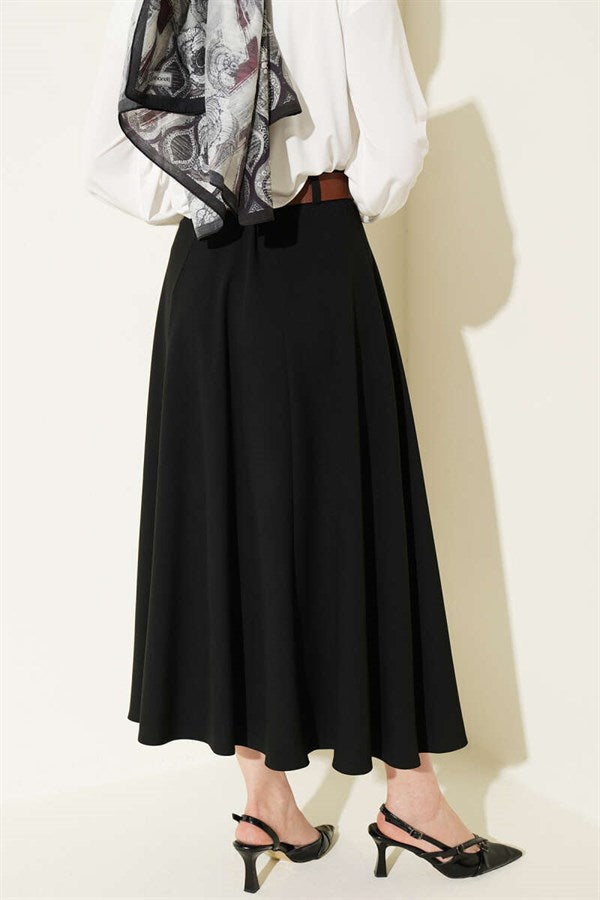 Wide Belted Waist Zipper Skirt Black