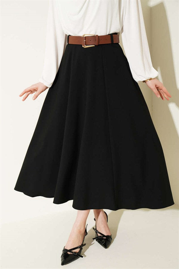 Wide Belted Waist Zipper Skirt Black