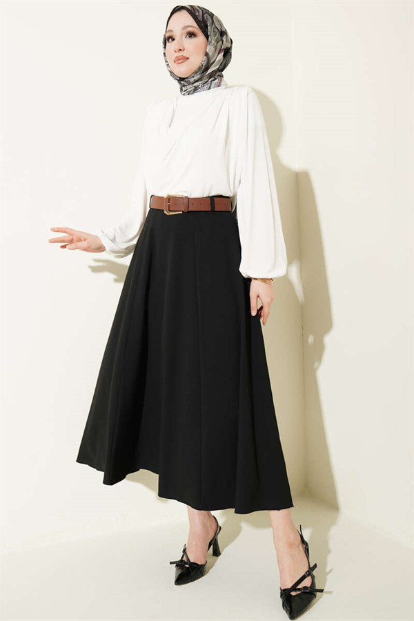 Wide Belted Waist Zipper Skirt Black