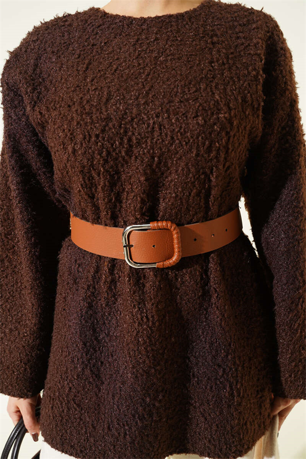 Wide Belted Bouclé Tunic, Brown