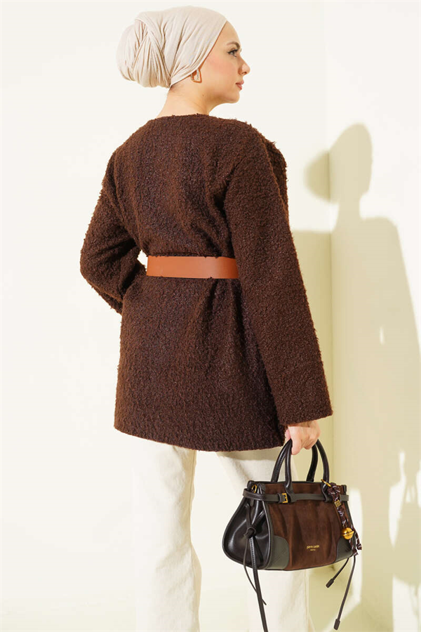 Wide Belted Bouclé Tunic, Brown