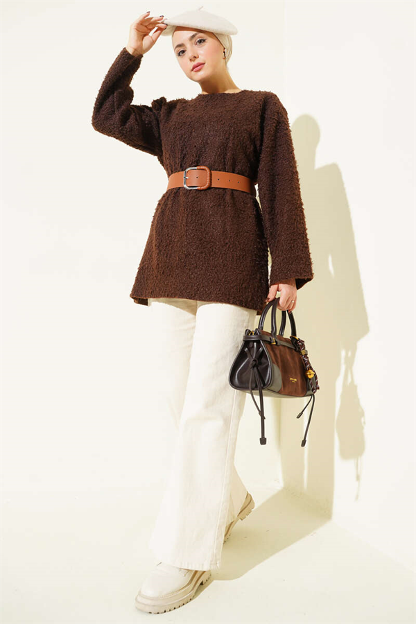 Wide Belted Bouclé Tunic, Brown