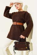 Wide Belted Bouclé Tunic, Brown
