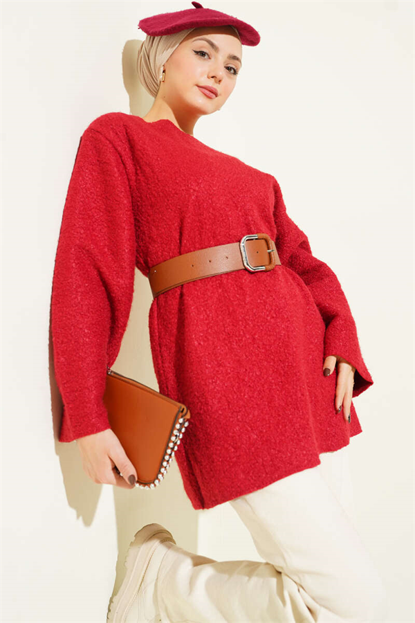 Wide Belted Bouclé Tunic Red