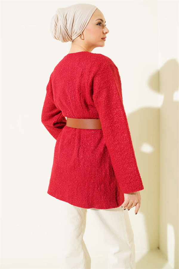 Wide Belted Bouclé Tunic Red