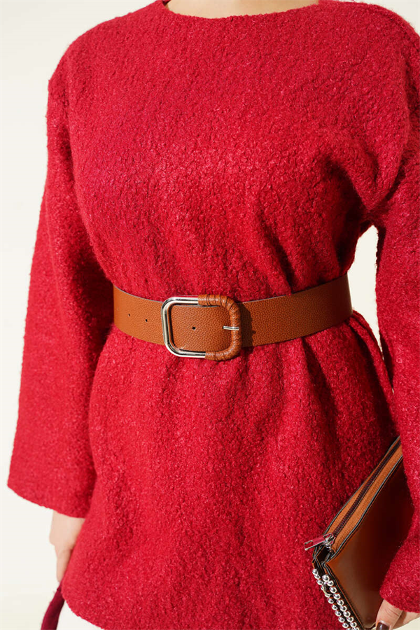 Wide Belted Bouclé Tunic Red