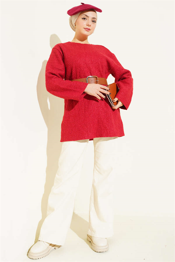 Wide Belted Bouclé Tunic Red