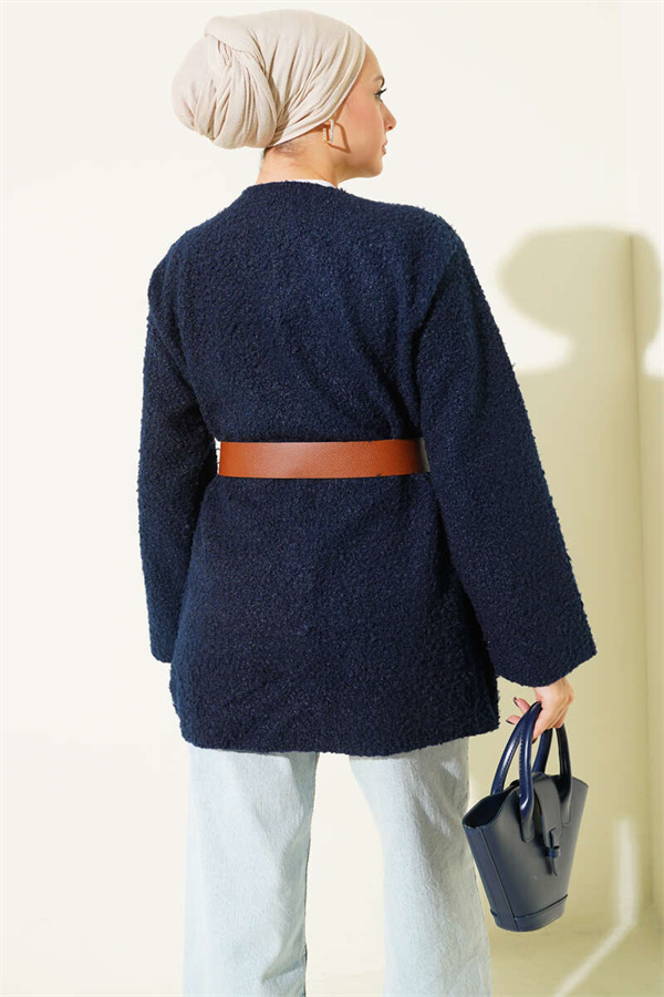 Wide Belted Bouclé Tunic Navy Blue