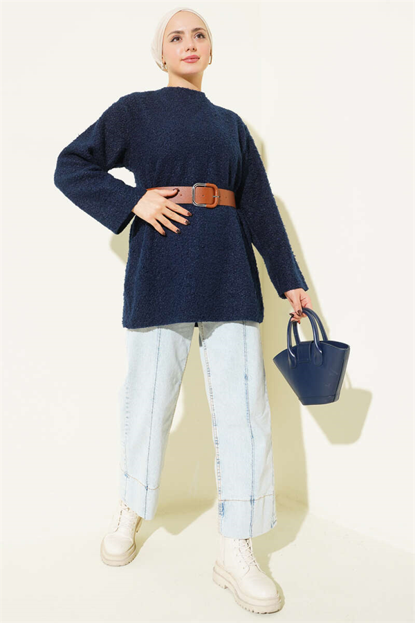 Wide Belted Bouclé Tunic Navy Blue