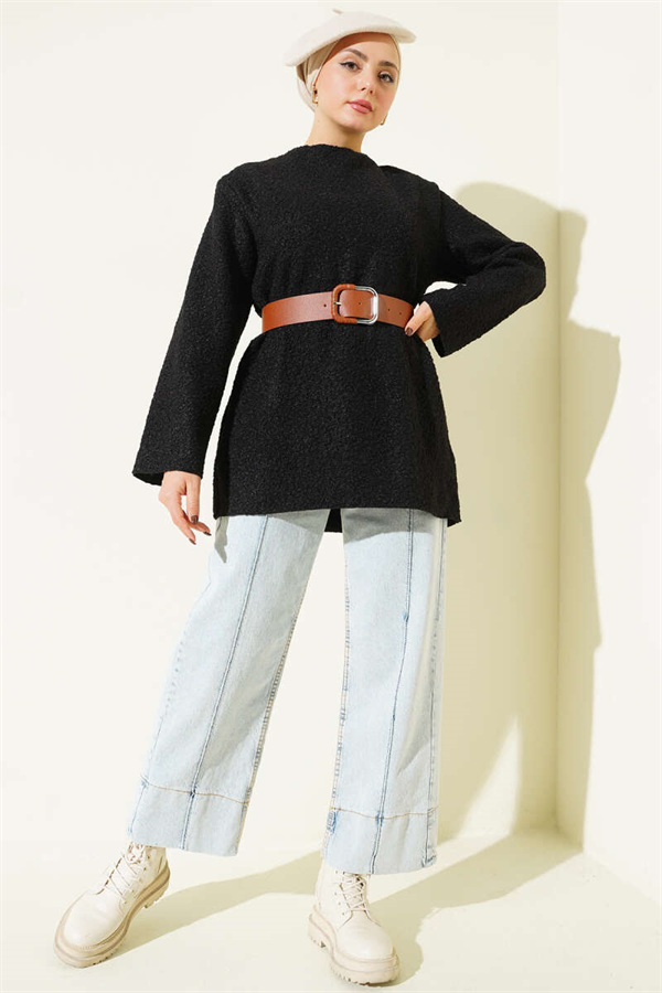 Wide Belted Bouclé Tunic Black