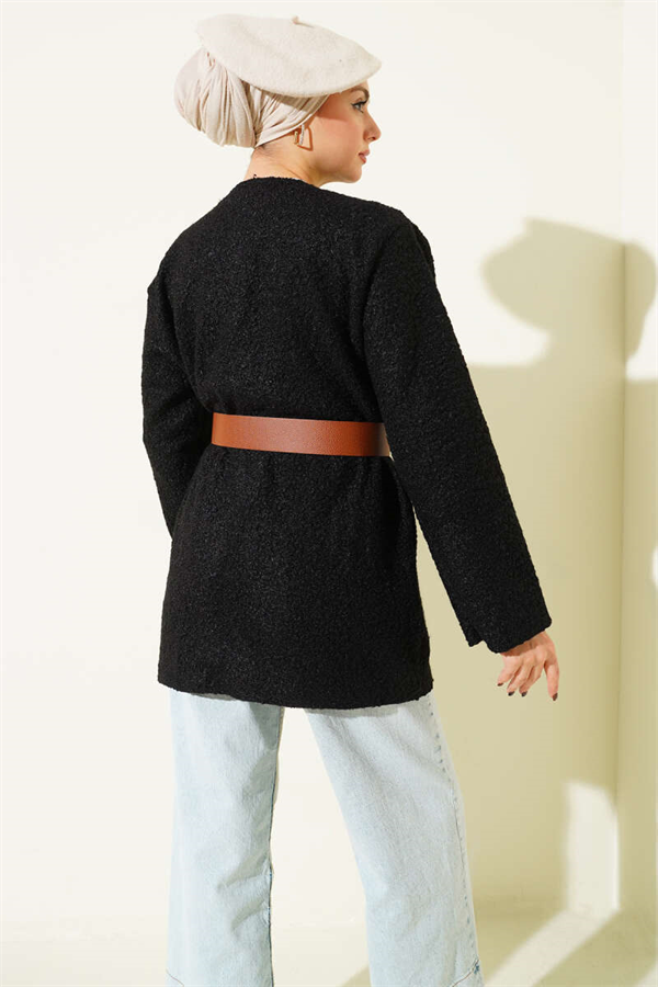 Wide Belted Bouclé Tunic Black