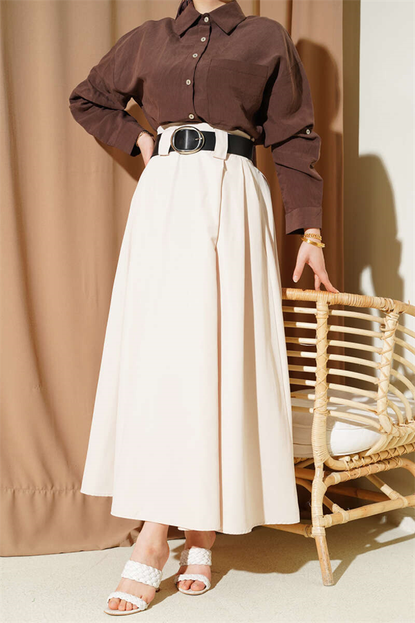 Wide Belted Pleated Tencel Skirt, Beige