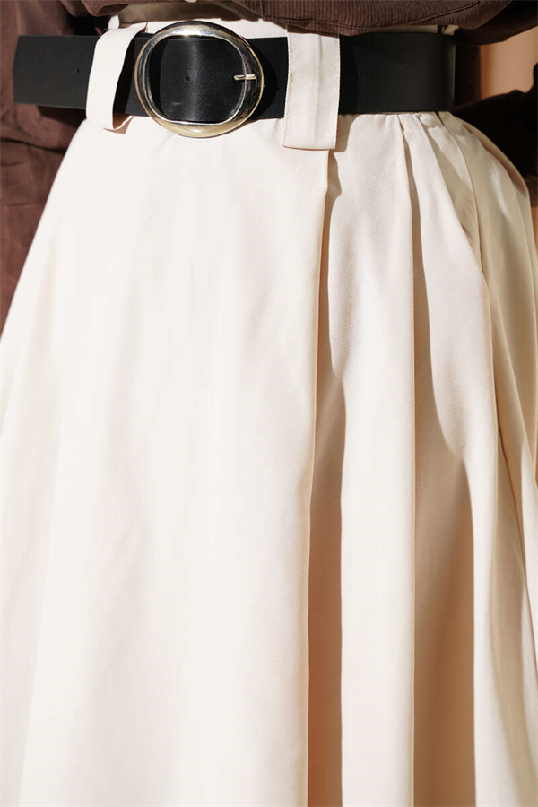 Wide Belted Pleated Tencel Skirt, Beige