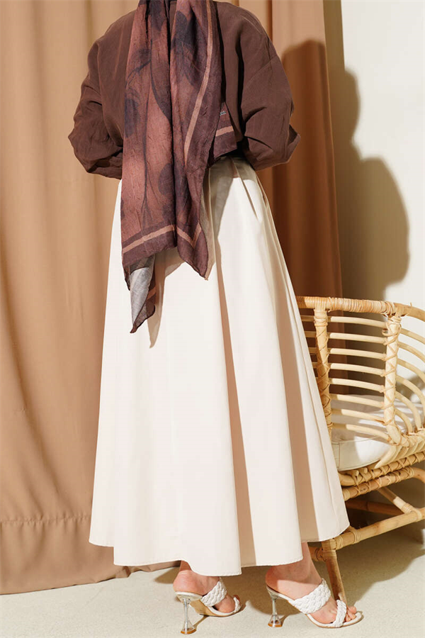 Wide Belted Pleated Tencel Skirt, Beige