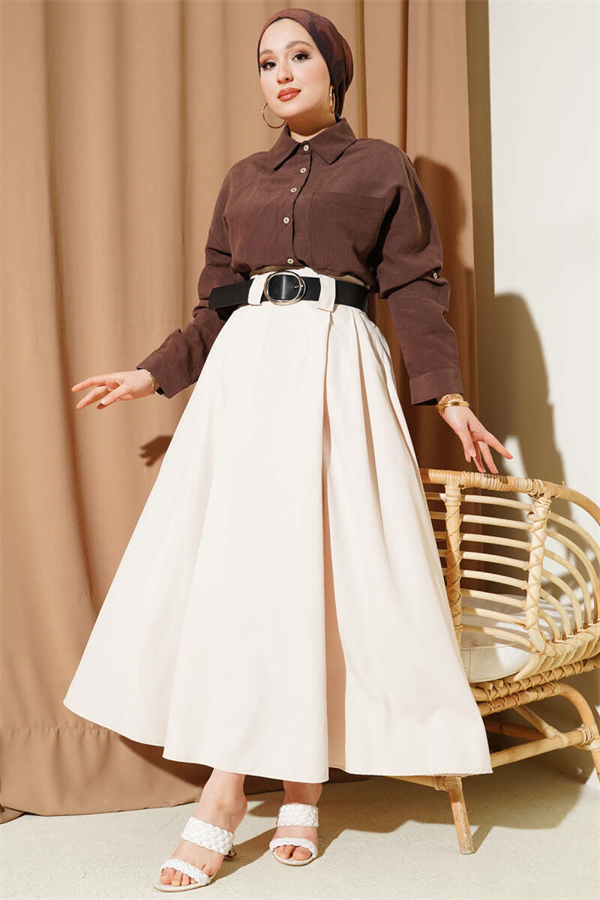 Wide Belted Pleated Tencel Skirt, Beige