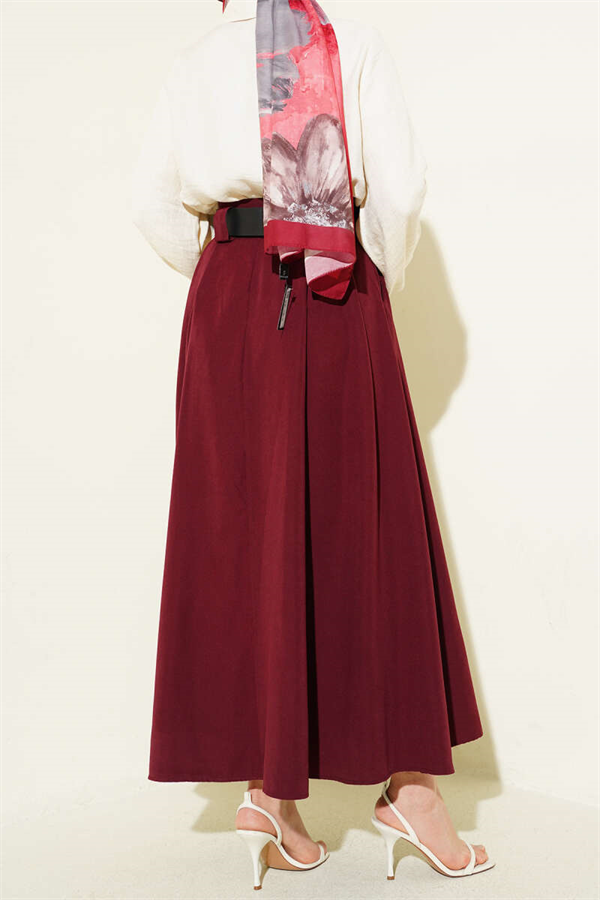Wide Belted Pleated Tencel Skirt Burgundy