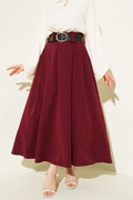 Wide Belted Pleated Tencel Skirt Burgundy