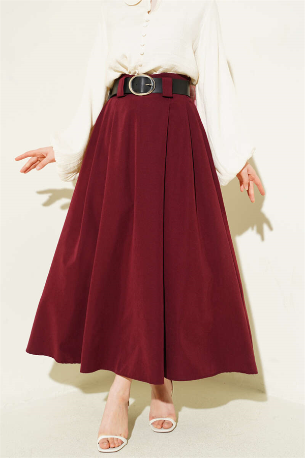 Wide Belted Pleated Tencel Skirt Burgundy