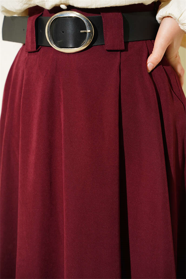 Wide Belted Pleated Tencel Skirt Burgundy