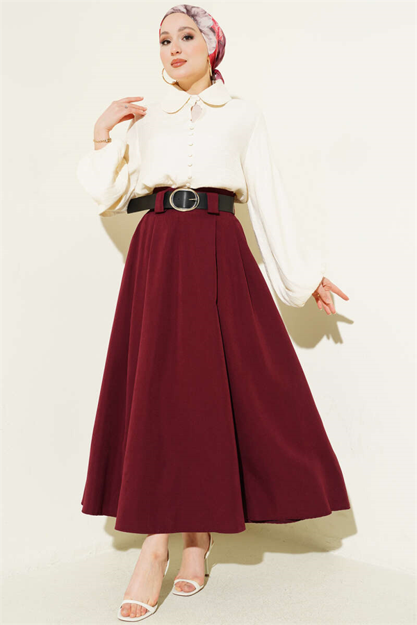 Wide Belted Pleated Tencel Skirt Burgundy