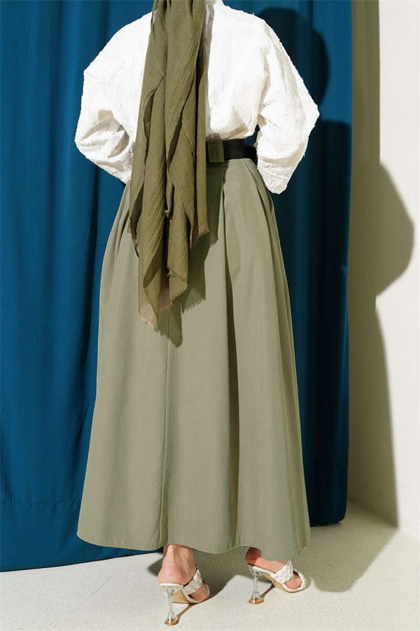 Wide Belted Pleated Tencel Skirt in Sage Green
