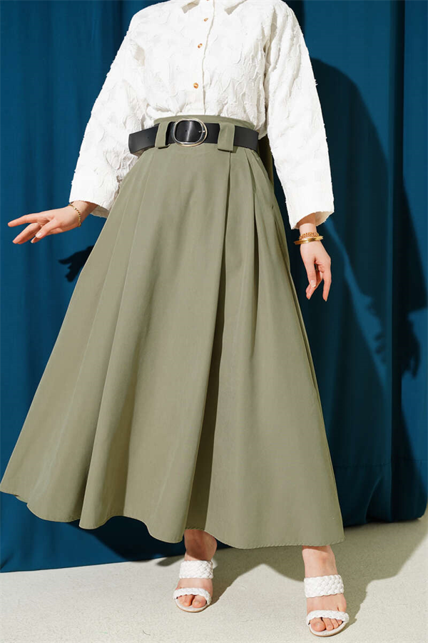 Wide Belted Pleated Tencel Skirt in Sage Green