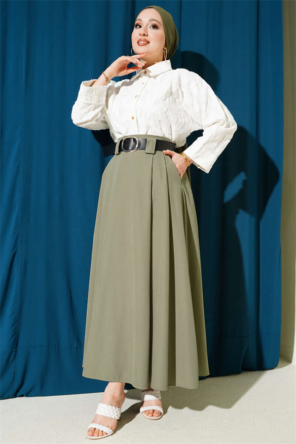 Wide Belted Pleated Tencel Skirt in Sage Green