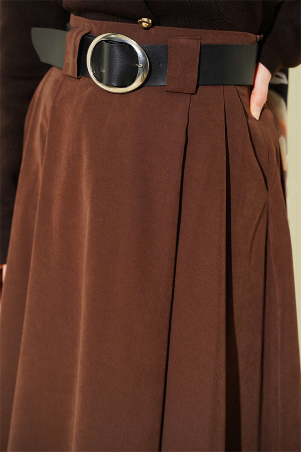 Wide Belted Pleated Tencel Skirt, Brown
