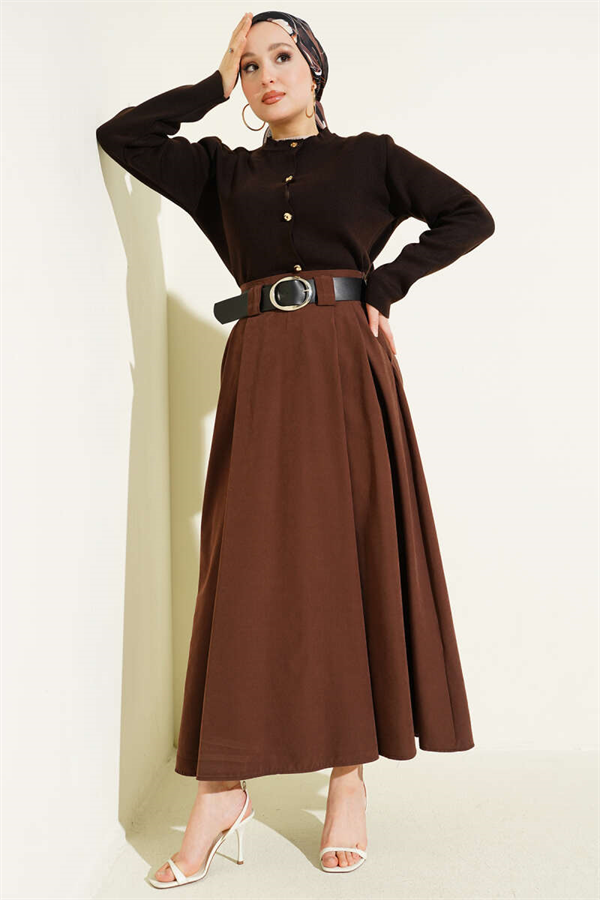 Wide Belted Pleated Tencel Skirt, Brown