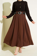 Wide Belted Pleated Tencel Skirt, Brown