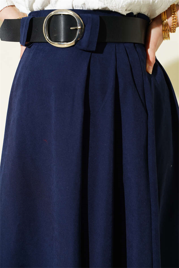 Wide Belted Pleated Tencel Skirt Navy Blue