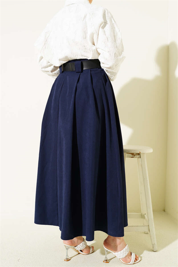 Wide Belted Pleated Tencel Skirt Navy Blue