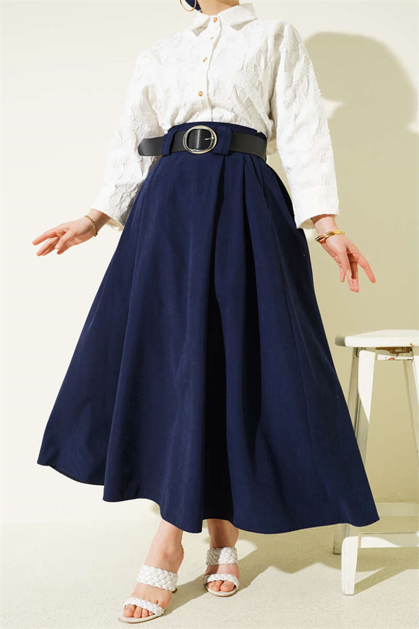 Wide Belted Pleated Tencel Skirt Navy Blue