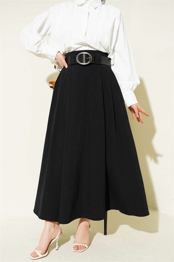 Wide Belted Pleated Tencel Skirt Black