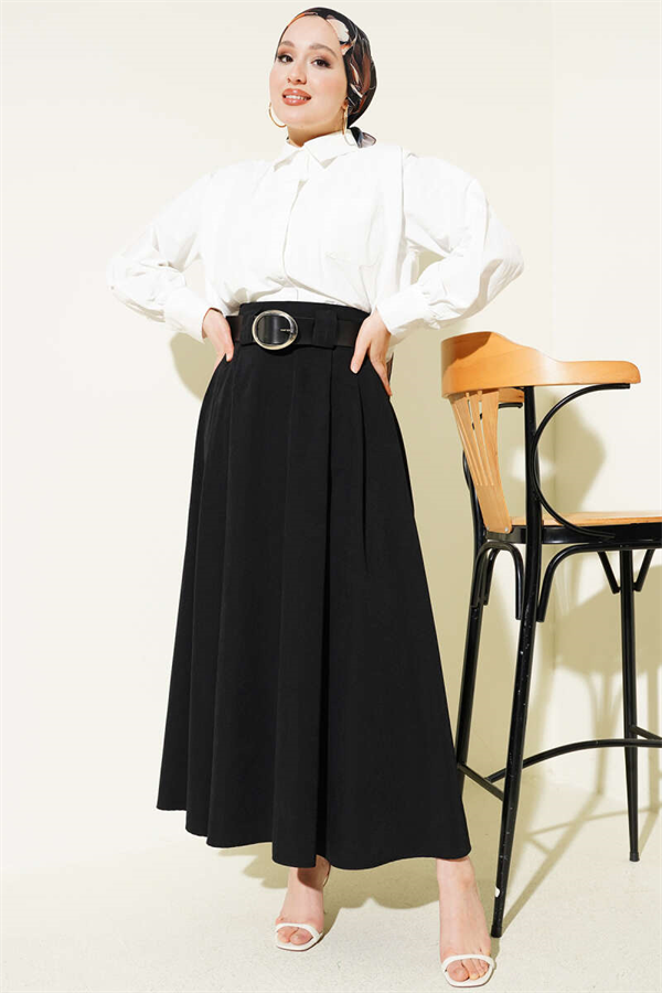 Wide Belted Pleated Tencel Skirt Black