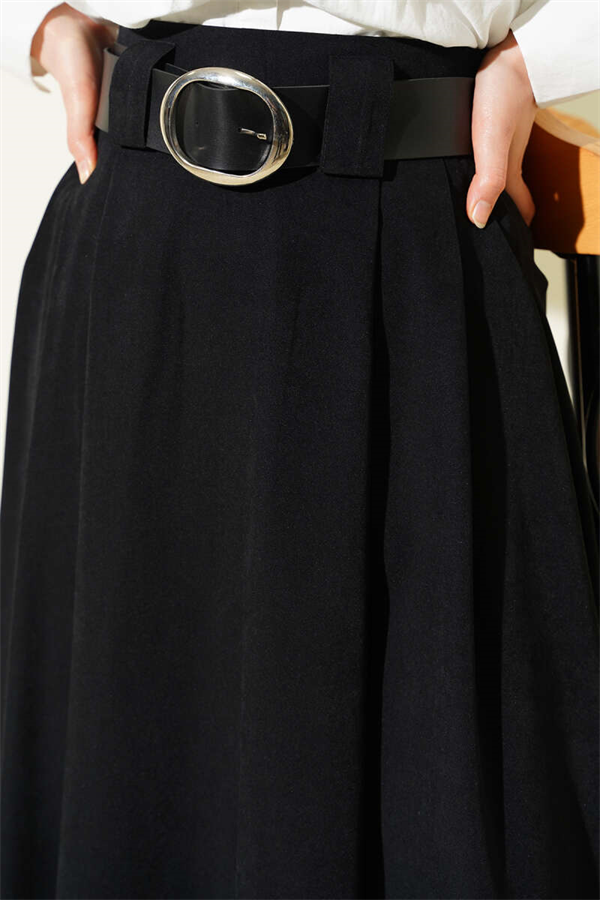 Wide Belted Pleated Tencel Skirt Black