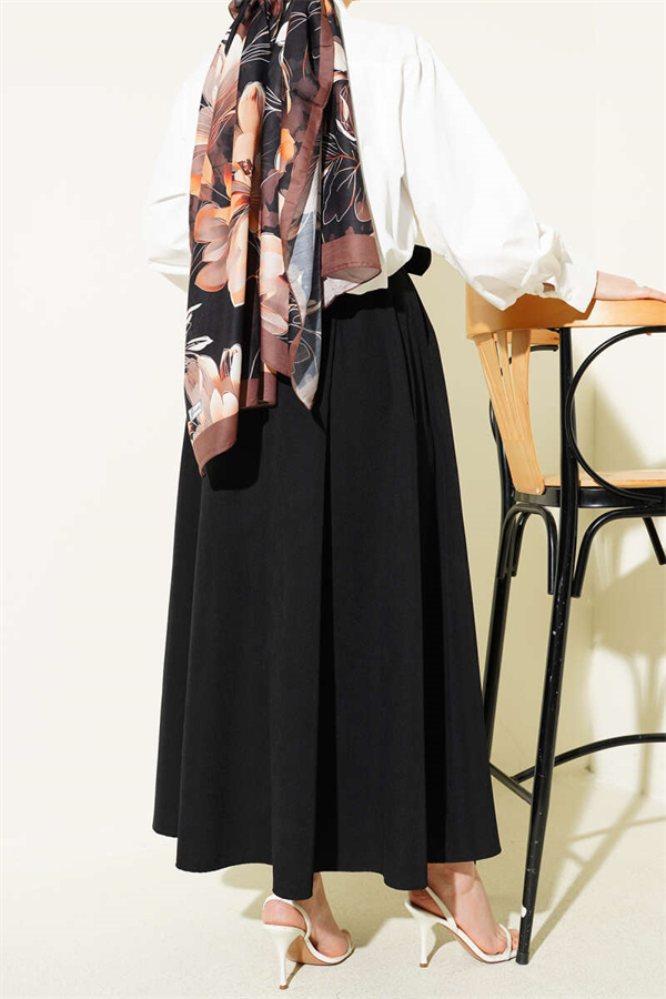 Wide Belted Pleated Tencel Skirt Black