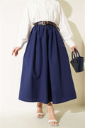 Wide Belted Poplin Skirt Navy Blue