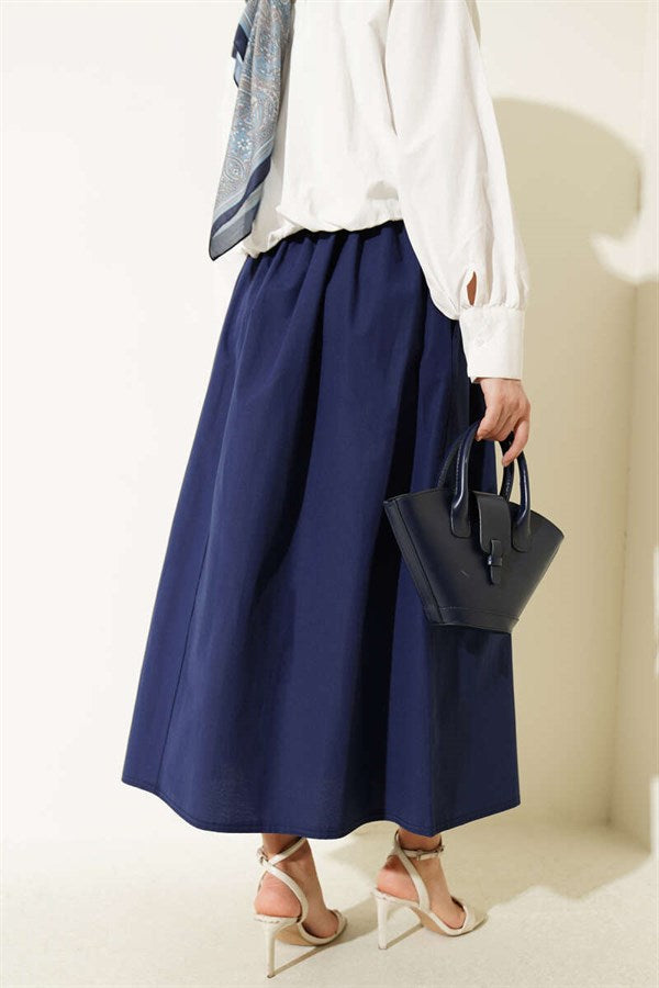 Wide Belted Poplin Skirt Navy Blue