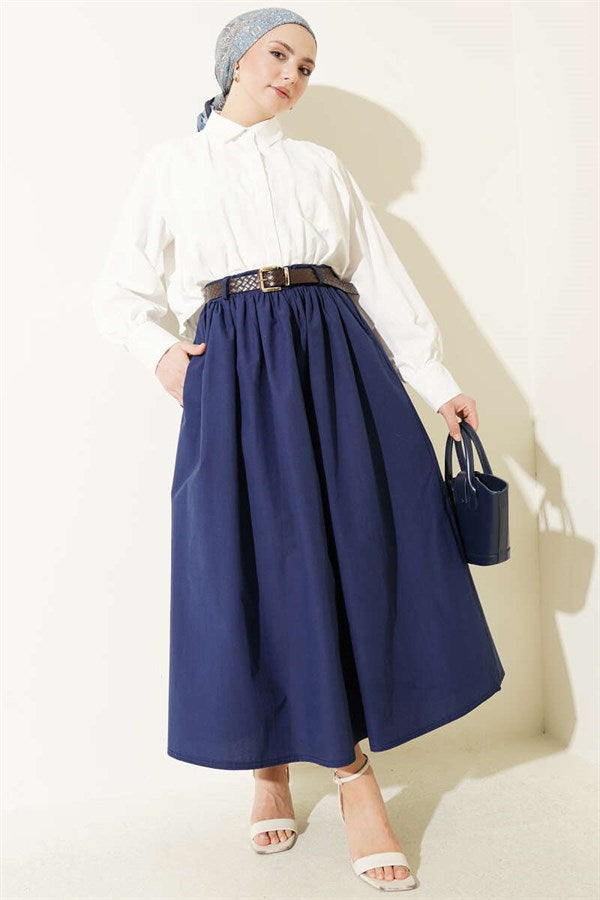 Wide Belted Poplin Skirt Navy Blue