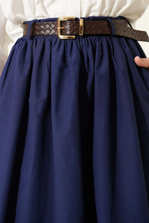 Wide Belted Poplin Skirt Navy Blue