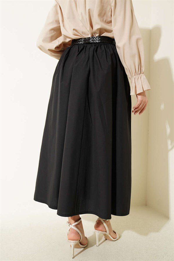 Wide Belted Poplin Skirt Black