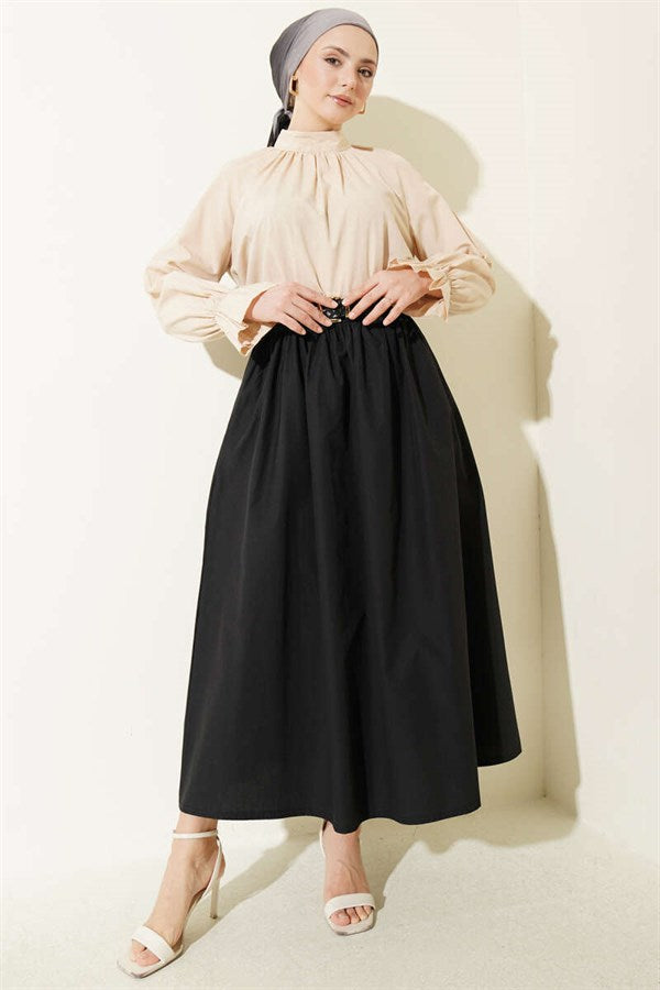 Wide Belted Poplin Skirt Black
